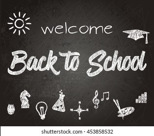 Welcome back to school  stationery supplies sale banner with chalkboard background & hand drawn icons. New school year welcoming message vector illustration in retro style. Layered, editable