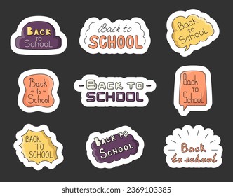 Welcome back to school. Sticker Bookmark. Quote calligraphy typography. Vector drawing. Collection of design elements.