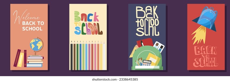 Welcome Back to school Stories template for social media, apps, print. Sale flyers set with a modern abstract, notebook paper background and school items vector illustration.