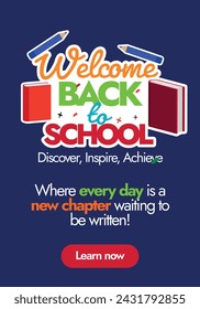 Welcome back to school. Back to school story post and banner with notebook, pencil icons, sticker, label on dark blue background. Welcome back to school sticker, label, icon design template.
