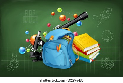 Welcome back to school. Studying and teaching, research and knowledge, vector illustrations on the chalkboard with sketches