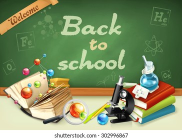 Welcome back to school. Studying and teaching, research and knowledge, vector illustrations on the green chalkboard