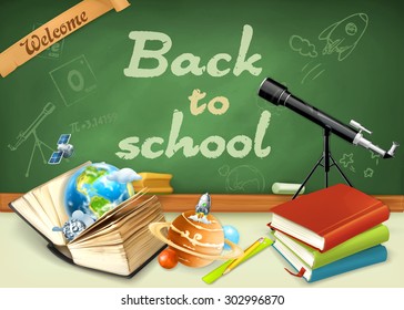 Welcome back to school. Studying and teaching, research and knowledge, vector illustrations on the green chalkboard with sketches