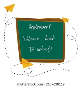 Welcome back to school. Stylish lettering on school blackboard with paper airplais flying around. Banner, post, frame. The concept of the beginning of the school year, the first day of school, the