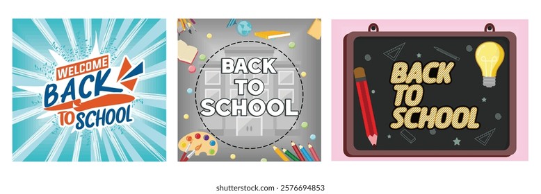 Welcome Back to School. Supplies and School Building Background. Chalkboard element with light bulb and pen educational elements. Set flat vector modern illustration 