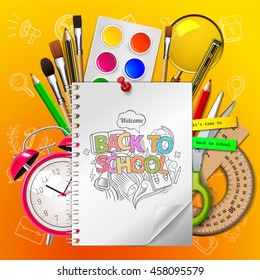 Welcome back to school with supplies doodle on yellow background, vector illustration. 