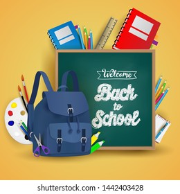 welcome back to school. school supplies on yellow background