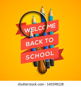 Welcome back to school with supplies on yellow background, vector illustration. 