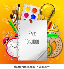 Welcome back to school with supplies on yellow background, vector illustration. 