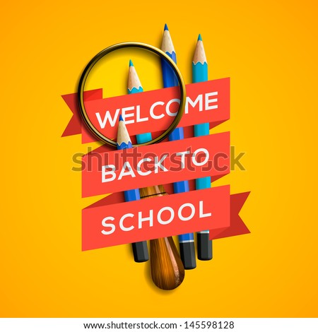 Welcome back to school with supplies on yellow background, vector illustration. 