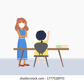 Welcome Back To School, Teacher And Student Wearing Surgical Mask Relaxing In Classroom