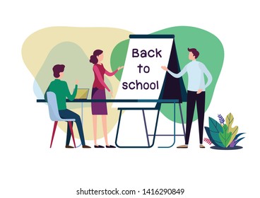 Welcome back to school. Teacher and students on the classroom. Flat cartoon illustration vector graphic design on white background. Landing page template