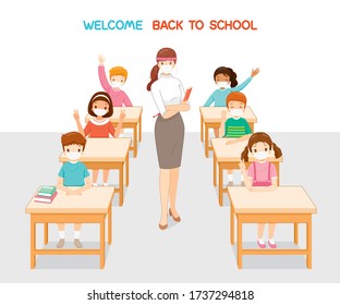 Welcome Back To School, Teacher And Students Wearing Surgical Mask Relaxing In Classroom, Educational, Instruction, Sanitary, Healthcare, Safety