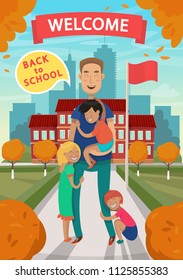 Welcome back to school. The teacher welcomes children near school. Vector illustration in flat cartoon style.