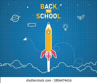Welcome back to school teaching with space rocket ideas with school items and elements. Vector illustration banner