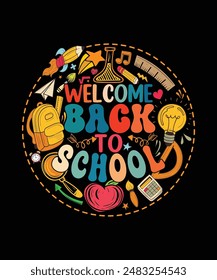 ¡Bienvenido De Vuelta A La Escuela Camiseta! Añadir a sus regalos camisa tela escolar (uniforme, vestido, falda, gorra, traje, polo, traje) y accesorios escolares o decoraciones y recuerdos (mochila, diadema, sombrero