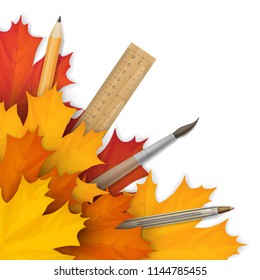 Welcome back to School template for card or banner. School supplies: pencil, ruler and brush in a autumn maple leaf on a white background. Vector realistic illustration.