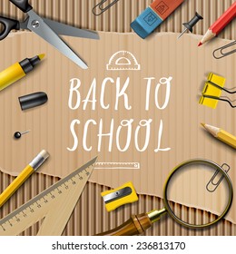 Welcome Back to school template with office supplies on cardboard texture background, vector illustration. 