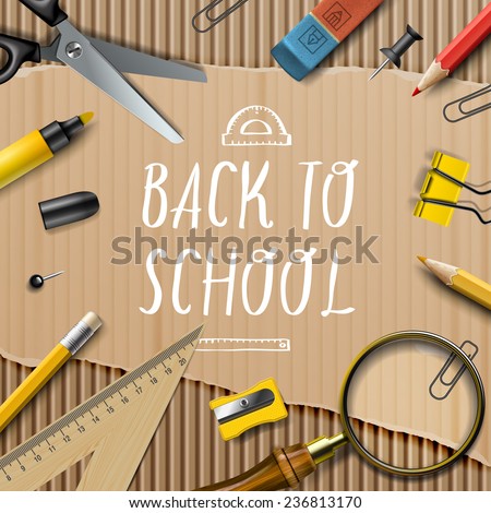 Welcome Back to school template with office supplies on cardboard texture background, vector illustration. 