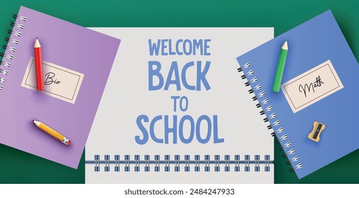 Welcome Back to School template for poster, flyer, brochure, banner, sale, promo, discount, school greeting. Vector illustration. Background with purple, blue notebook, crayons, pencil and sharpener.