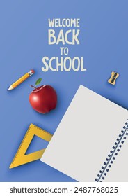 Welcome Back To School template poster with notebook, triangle ruler, pencil, apple, sharpener and blue background. Vector illustration for banner, school, cover, discount, promo, sale, website, ad