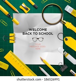 Welcome Back to school template with schools supplies, green and yellow colors, vector illustration. 