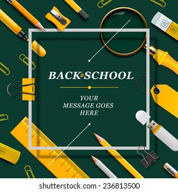  Welcome Back to school template with schools supplies, green and yellow colors, vector illustration. 