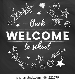 Welcome back to school text banner in blackboard background with white stars and signs.Vector illustration.