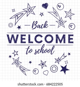 Welcome back to school text banner in white paper background with stars and signs.Vector illustration.