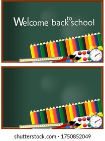 Willkommen zurück zur Schule, Text in der Tafel mit Schulartikeln und Elementen. Vektorgrafik-Banner.