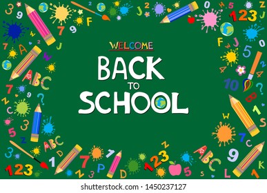 Welcome back to school text. Design element for the design of leaflets, cards, envelopes, covers, flyers sales. Concept of education. Back to school sale banner, poster, flat design colorful. Vector