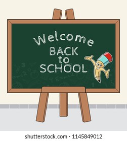Welcome Back to school text drawing by colorful chalk in blackboard