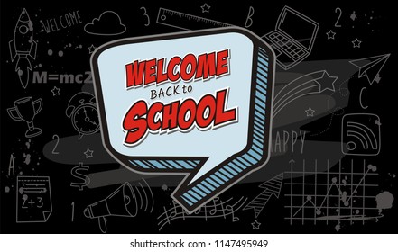  Welcome Back to school text drawing by colorful chalk in blackboard