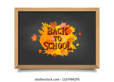 Welcome back to school text drawing by colorful chalk in blackboard with school items and elements. Vector illustration banner.