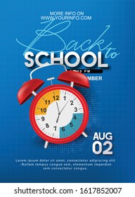 Welcome back to school text drawing  with alarm clock. school items and elements. 
