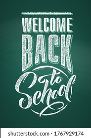 Welcome Back to school text drawing by white chalk in blackboard with school items and elements. Vector illustration banner