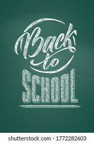 Welcome Back to school text drawing by white chalk in blackboard with school items and elements. Vector illustration banner