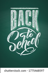Welcome Back to school text drawing by white chalk in blackboard with school items and elements. Vector illustration banner