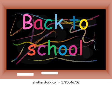 Willkommen zurück zur Schultextzeichnung mit bunten Kreide an der Tafel mit Schulartikeln und Elementen. Vektorgrafik eines Banners.