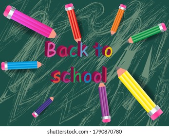 Welcome back to school text drawing with colorful chalk in blackboard with school items and elements. Vector illustration of a banner.