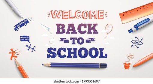 Welcome back to school text drawing in white background with school items and elements. Vector illustration banner