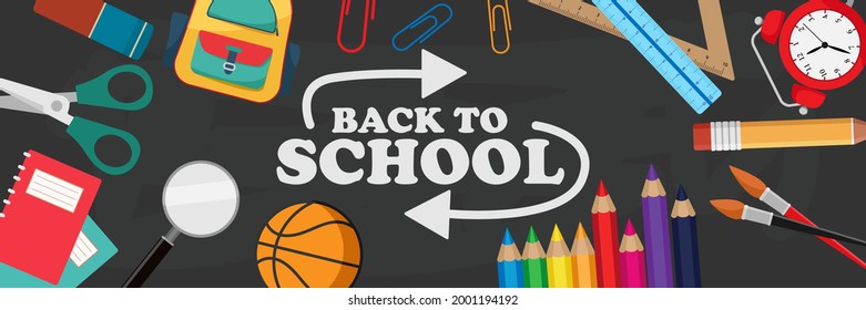 Welcome back to school text drawing by colorful chalk in blackboard with school items and elements. Vector illustration banner