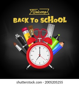 Welcome back to school text drawing with chalk on blackboard with school stuff and elements. Vector illustration banner
