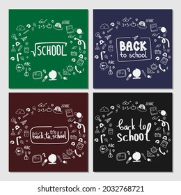 Welcome back to school text drawing by colorful chalk in blackboard with school items and elements. Vector illustration banner. Education concept