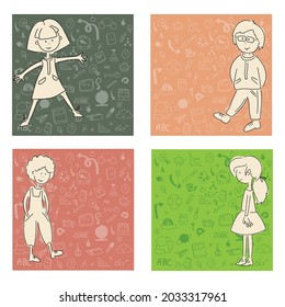 Bienvenido de vuelta al texto escolar dibujando con tiza colorida en la pizarra con niñas, niños, artículos escolares y elementos. Cartel de ilustración del vector. Concepto de educación