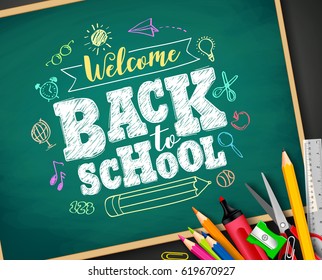 Welcome back to school text drawing by colorful chalk in blackboard with school items and elements. Vector illustration banner.
