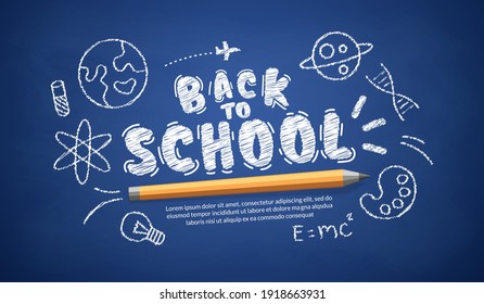 Welcome back to school text on blue board, Relistic pencil with doodles background