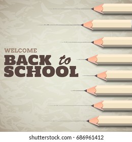 "Welcome back to school" text on wrinkled grunge paper. 3D Pencils. Vector illustration.