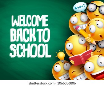 Welcome Back To School Text And Smileys With Facial Expressions Or Emoticons Students In Chalkboard Background For Education. Vector Illustration.
