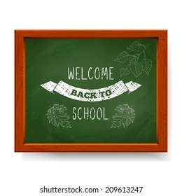 Welcome back to school text written in chalk on green blackboard